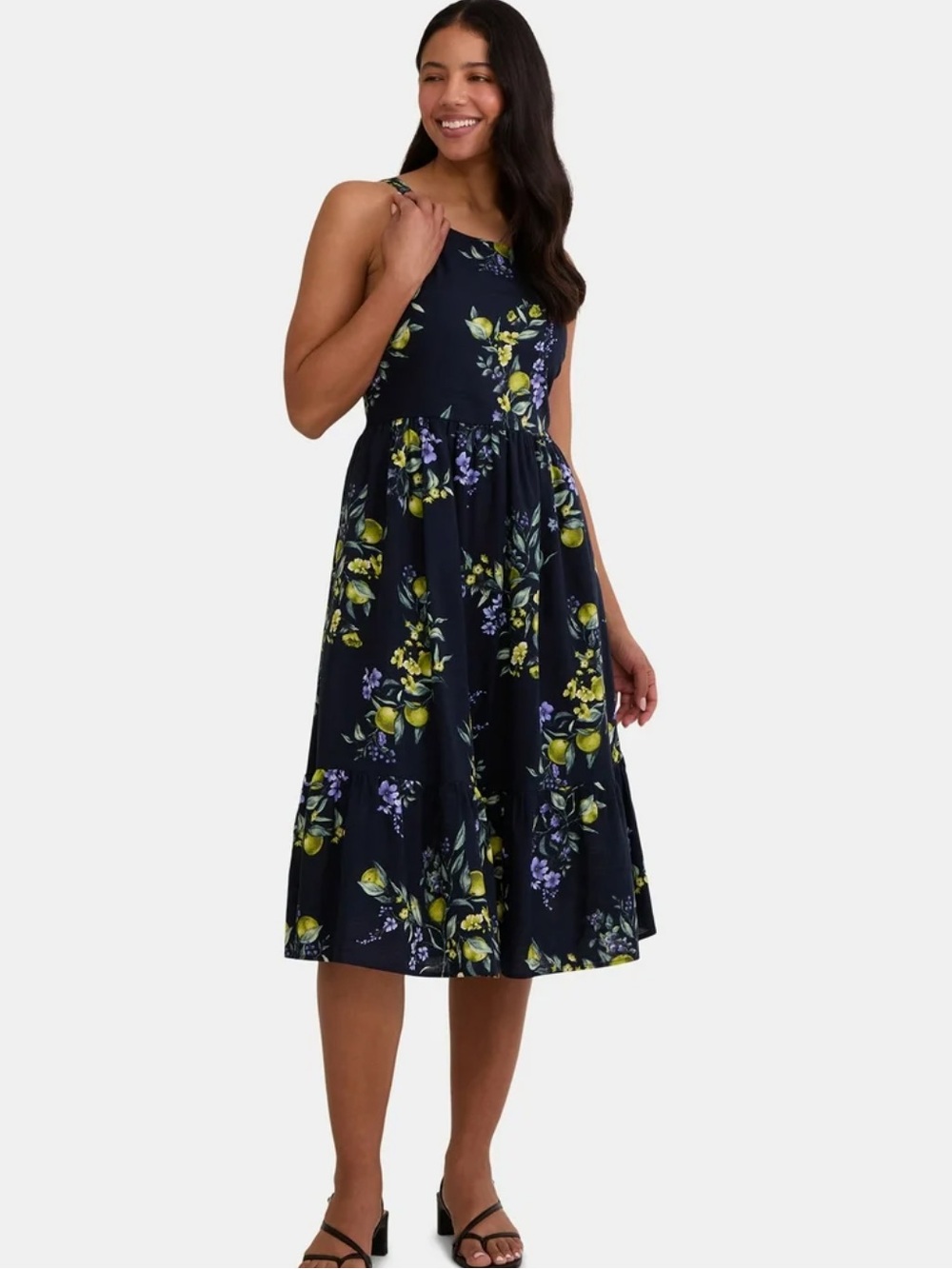 Time & Tru Navy Floral Midi Sundress with Lemon Print NWT